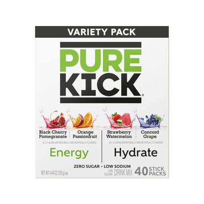 Pure Kick Hydrate Variety Pack 40ct, Black Cherry Pomegranate, Orange Passionfruit, Strawberry Watermelon, Concord Grape, Zero Sugar, Low Sodium, Low Calorie, Drink Mix, 40 Stick Packs